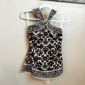 NWOT White House Black Market Silky Black and White Scarf Tie Halter Top